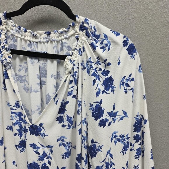 Old Navy Blouse Womens Large Tall White Blue Floral Peasant V-Neck Long Sleeve - Picture 2 of 9